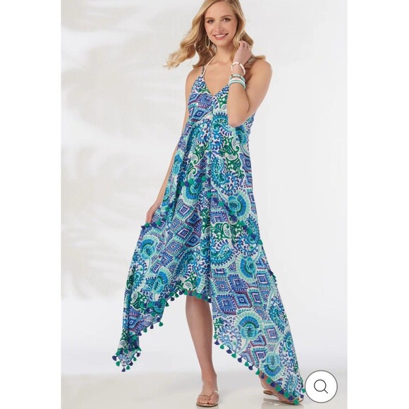 Charlie Paige NWT Dress One Size Flowy Cover Up Beaded Boho Blue Teal Aqua Beach - Picture 2 of 10